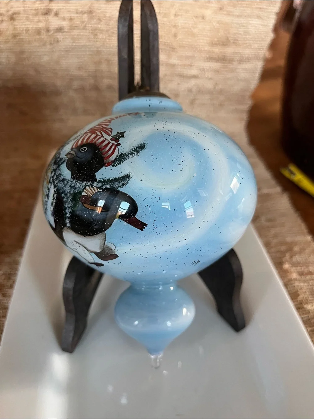 Ne'Qwa Art Blue Hand-Painted Glass Penguin Holiday Ornament